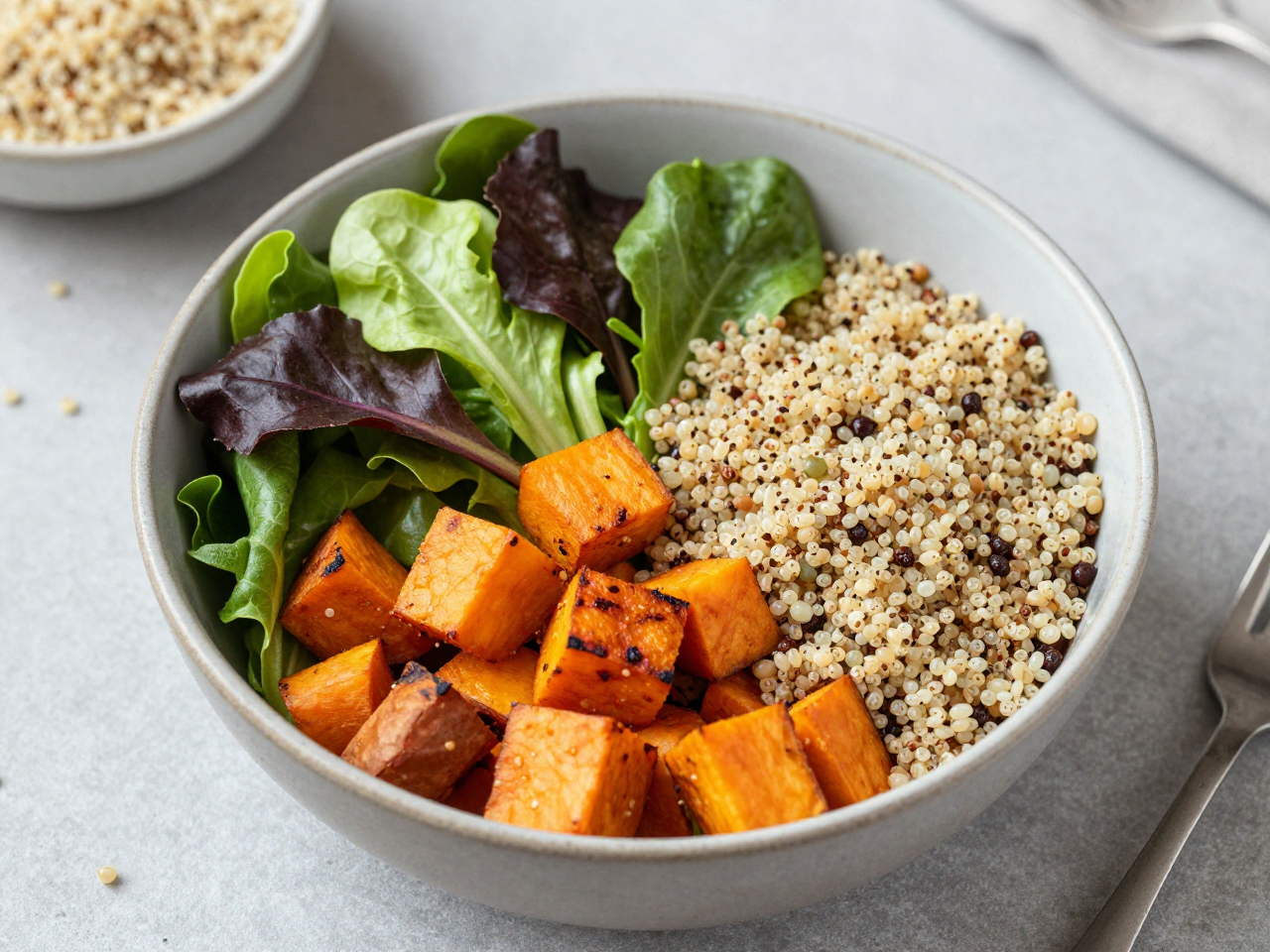 Colorful healthy bowl with fresh vegetables and grains representing balanced nutrition at DailyBalance Table