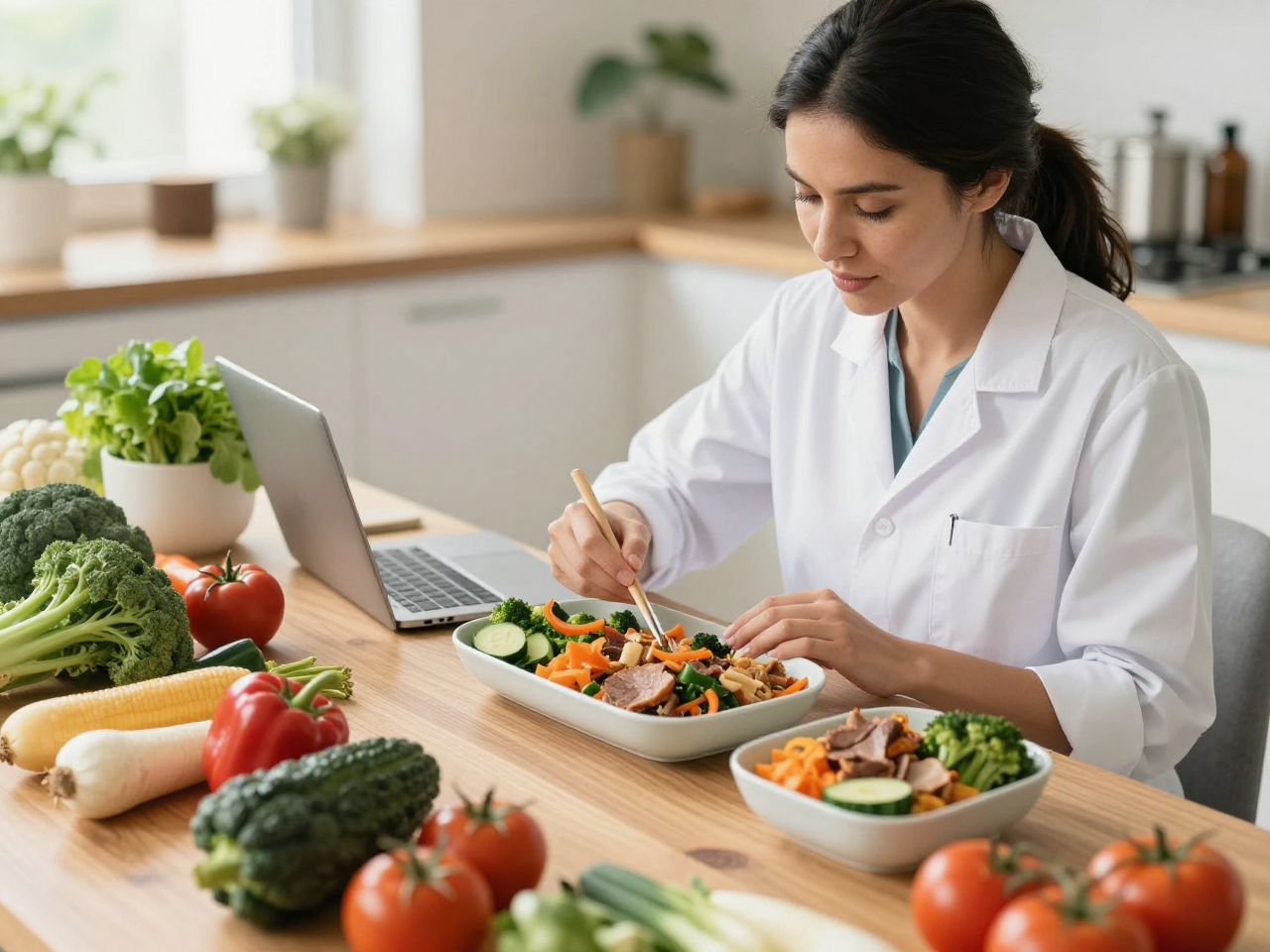 Nutritionist planning balanced meals with fresh ingredients at DailyBalance Table